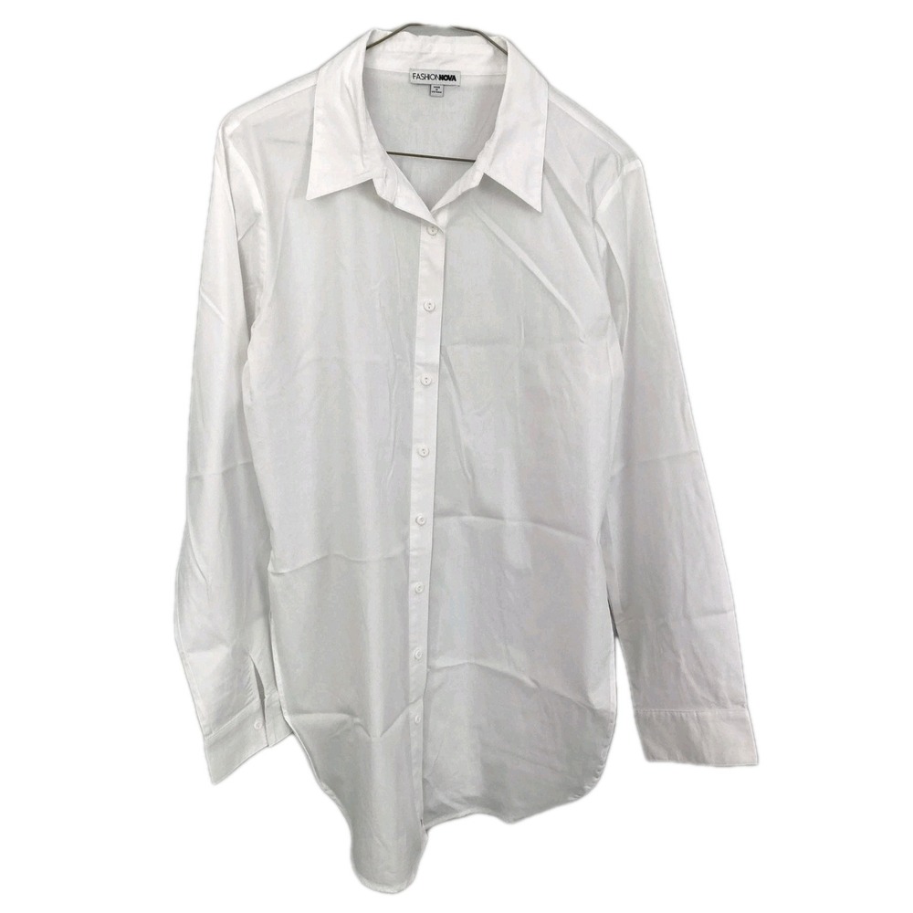Fashion Nova Shirt Women L White Button Up Long Sleeve Tunic Stretch Basic